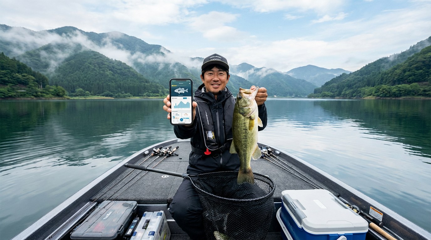 バスボートの上でブラックバスを釣り上げ、アプリに記録している風景