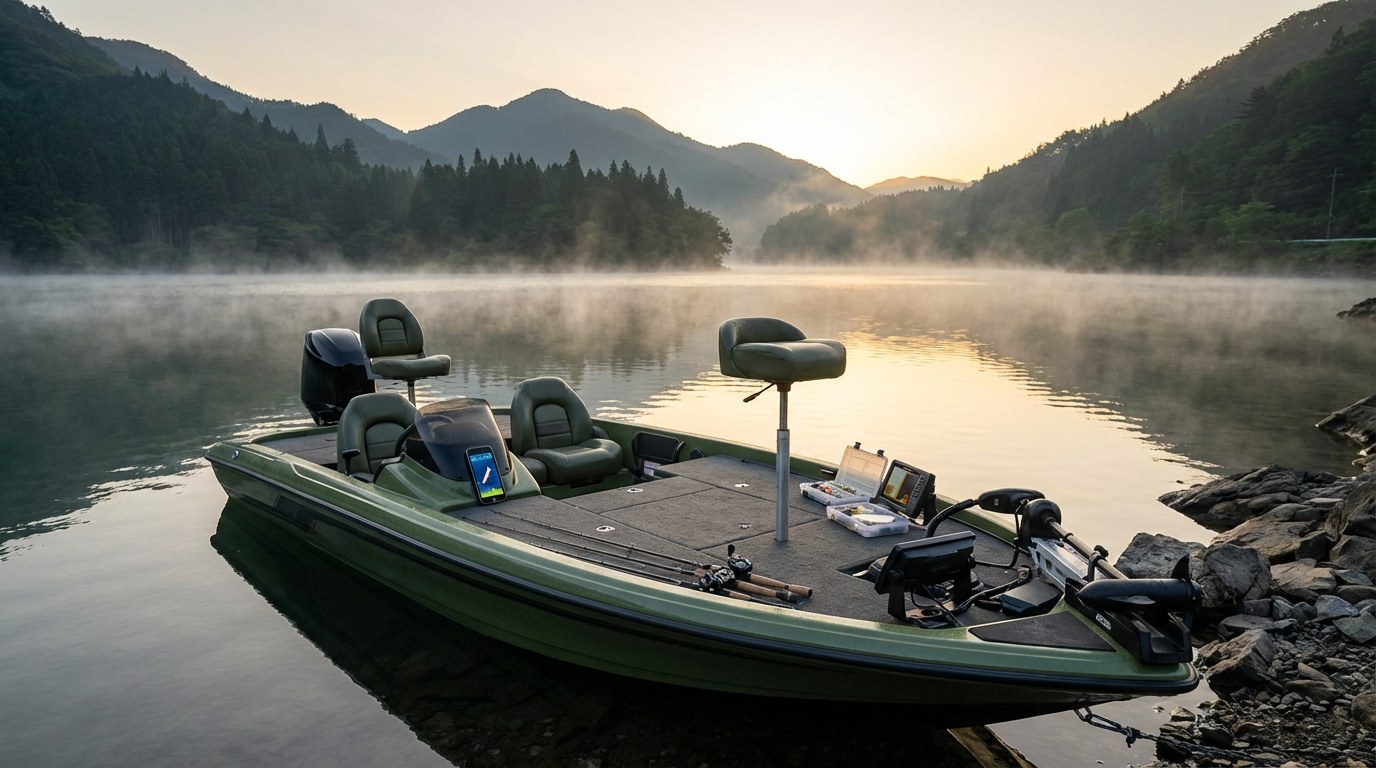 日本の山あいの湖でバスボートとタックルが準備された風景