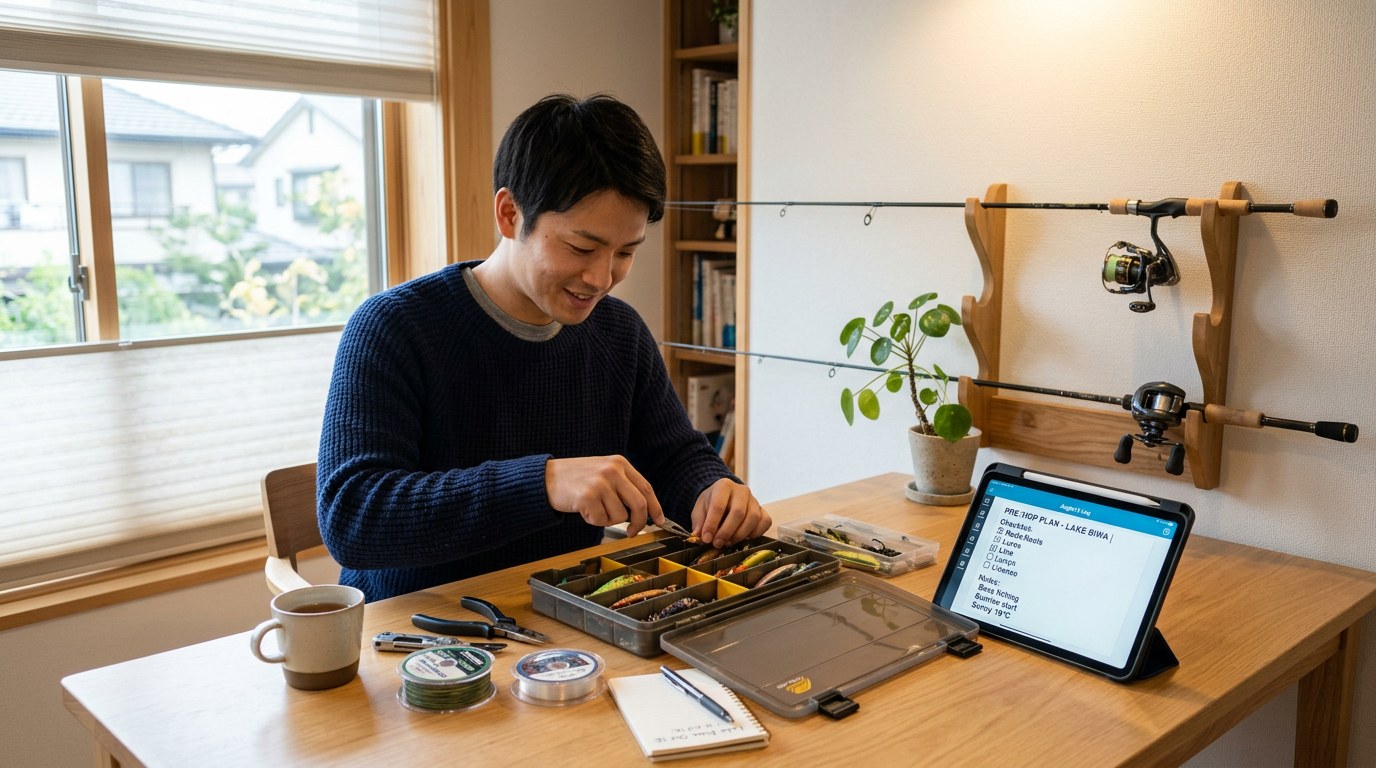 部屋の中で釣り道具を準備しながらアプリを確認している風景