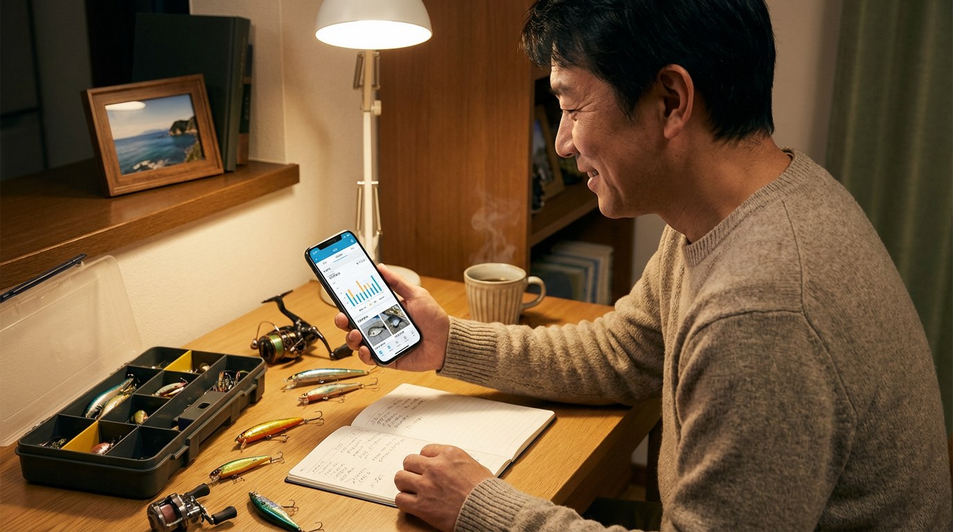 日本の室内で釣り道具を整理しながら記録を振り返っている風景